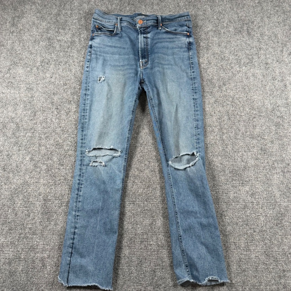 Mother The Mid Rise Dazzler Ankle Fray Womens 31 Blue Distressed Denim Jeans